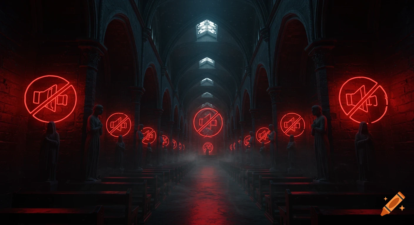 Dark, moody digital art of a gothic cathedral interior with red neon mute symbols and statues.