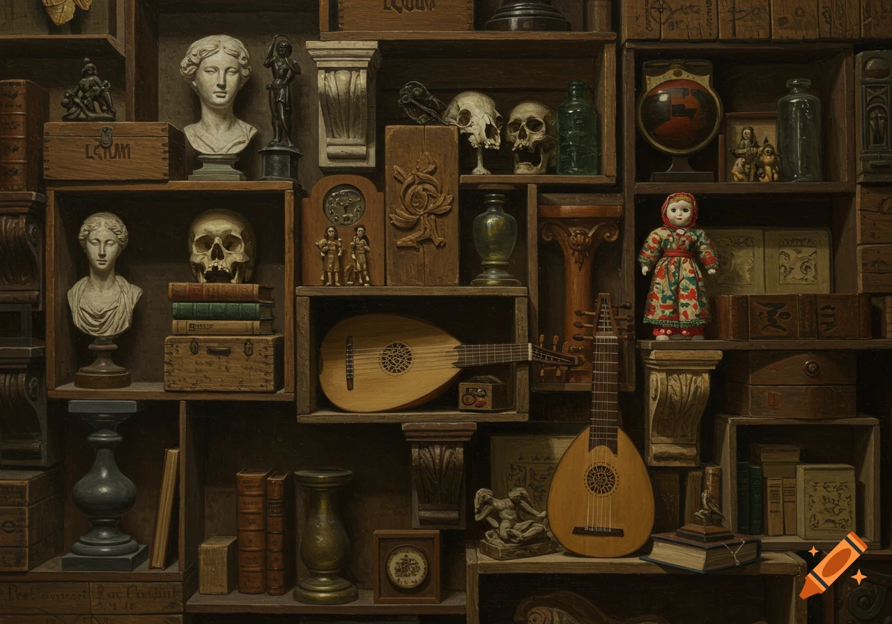 A detailed oil painting of a wall filled with shelves holding various antique objects like busts, skulls, books, musical instruments, and a doll.