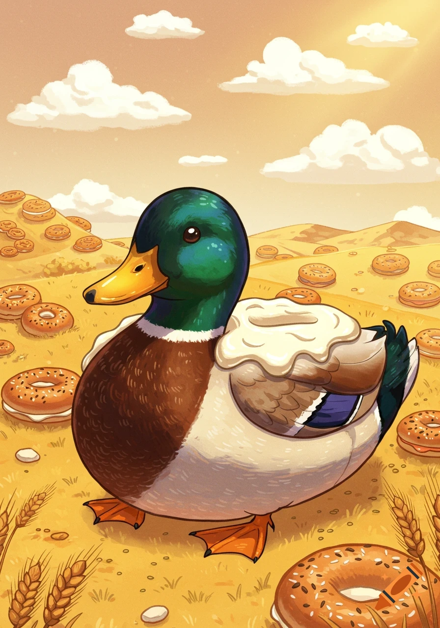 Anime-style mallard duck, shaped like a bagel with cream cheese, standing in a field of bagels and wheat.