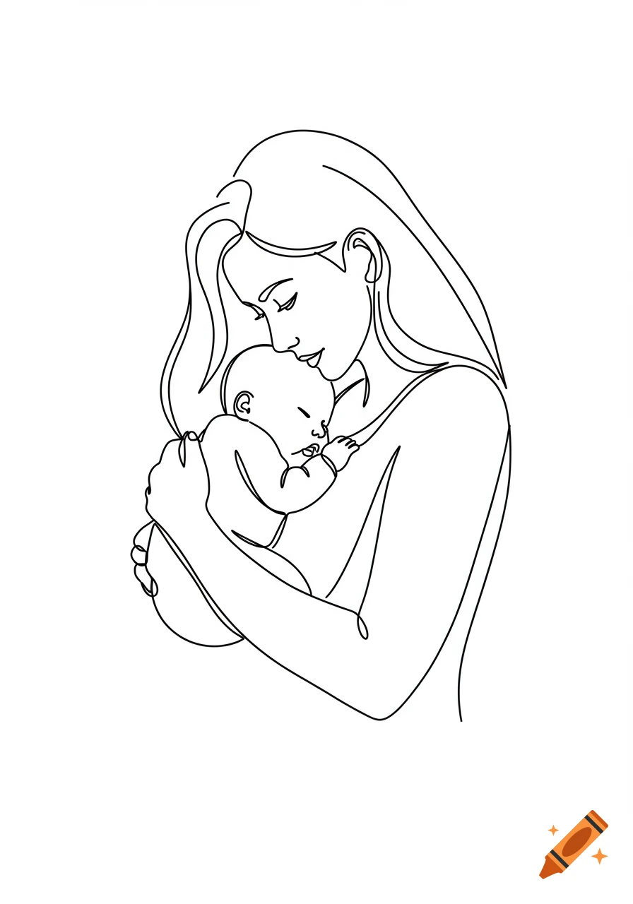 A minimalist black line art illustration of a mother gently cradling her baby.