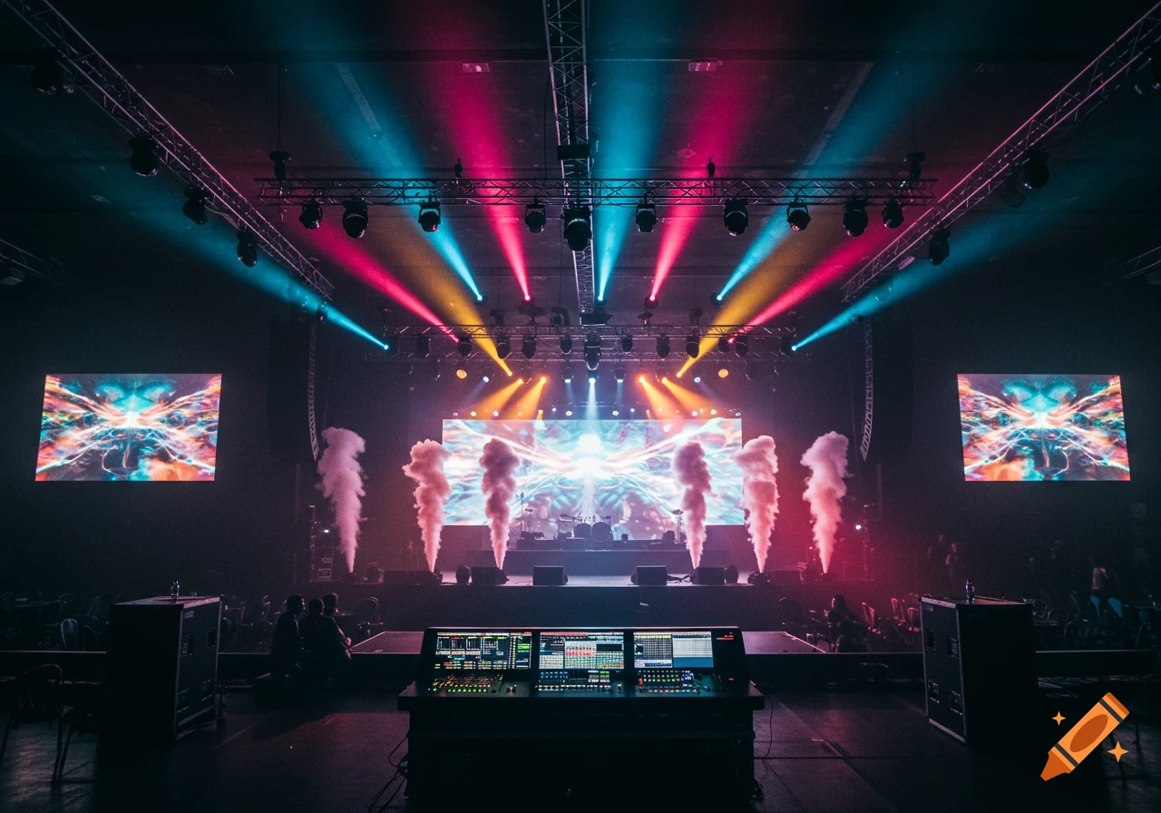 A vibrant stage with colorful lights, smoke effects, and a mixing console in the foreground, ready for an event.
