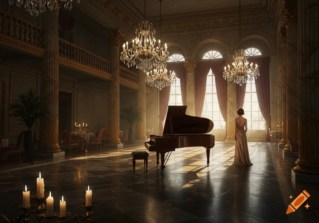 A woman in an elegant gown stands by a grand piano in a lavish, sunlit classical ballroom with chandeliers.