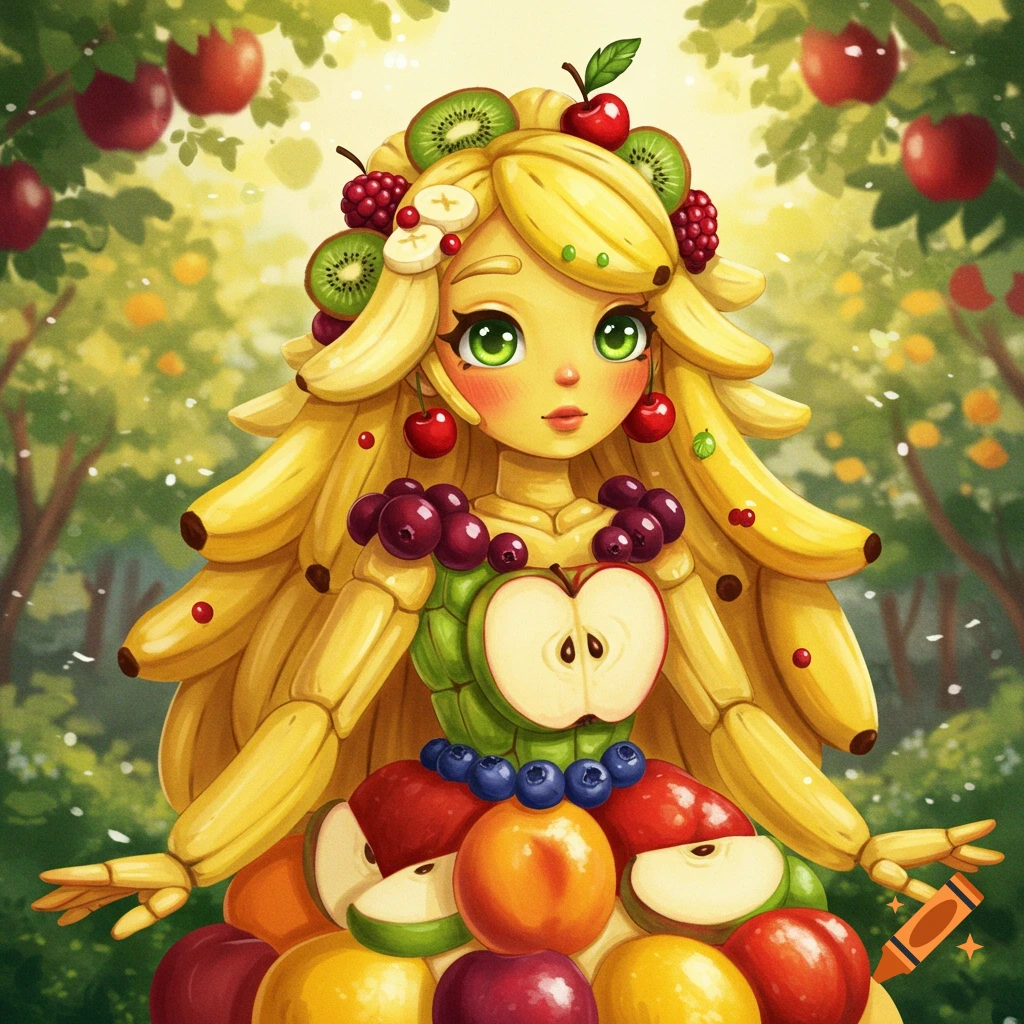 A whimsical cartoon girl made of various fruits like bananas, kiwis, and berries, with a leafy orchard background.