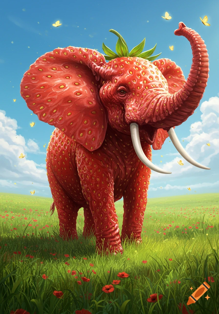 A large, detailed strawberry elephant with white tusks stands in a vibrant green field with red flowers under a blue sky and yellow butterflies.