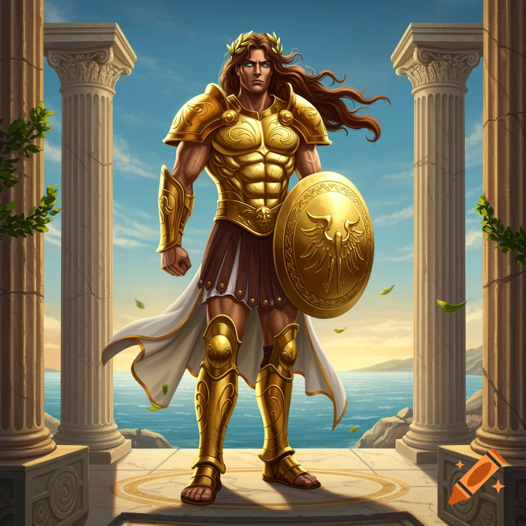 A powerful Greek god in golden armor and a laurel wreath stands between columns by the sea.