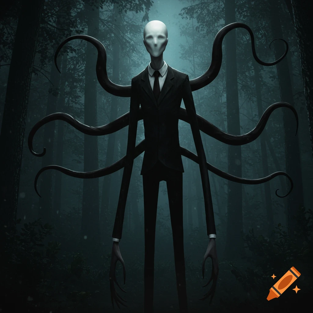 A tall, faceless figure in a black suit with tendrils emerging from its back stands in a dark, misty forest, in a hyperrealistic style.