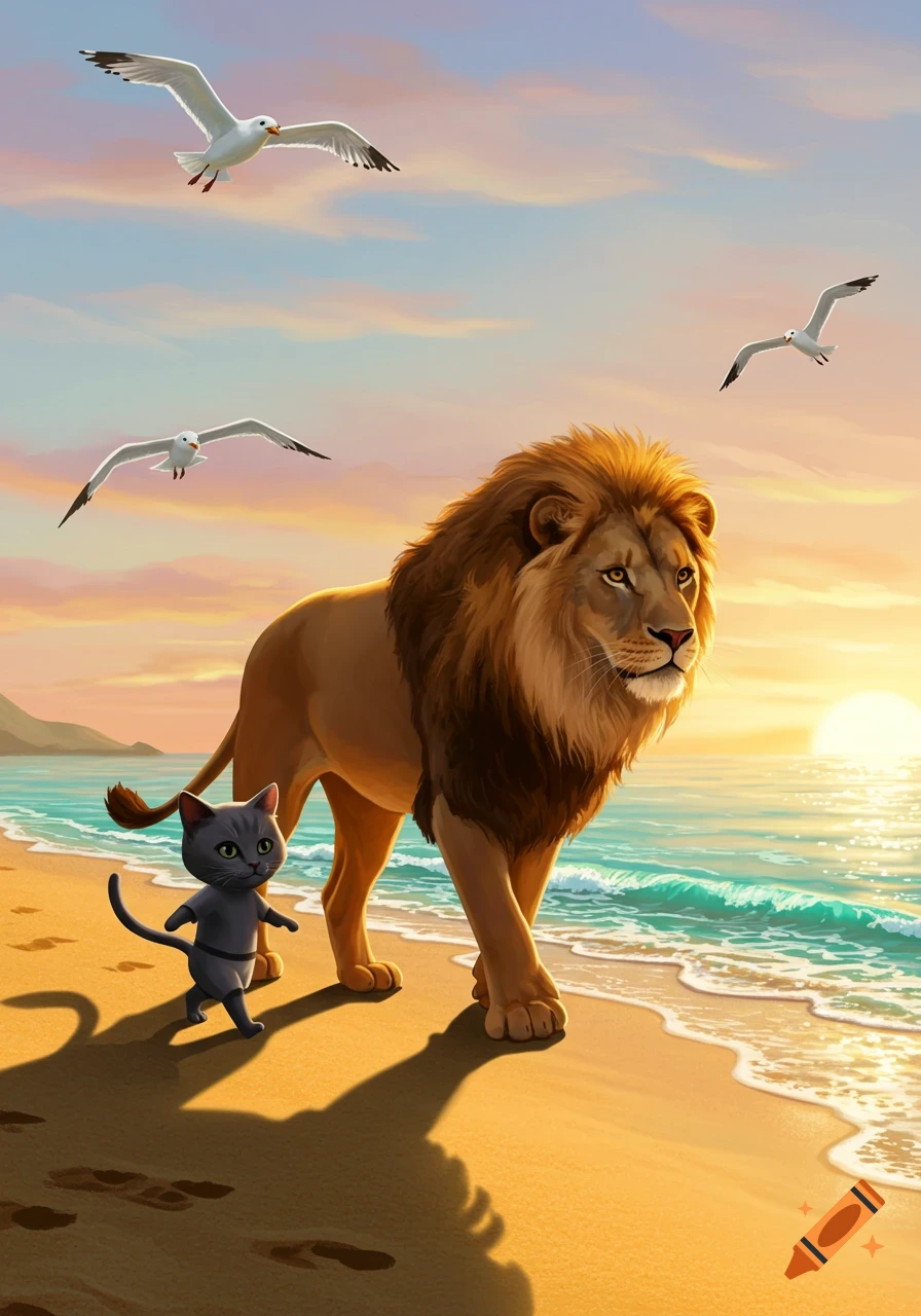 A digital illustration of a lion and a small grey cat walking side-by-side on a sunny beach at sunset, with seagulls flying above.