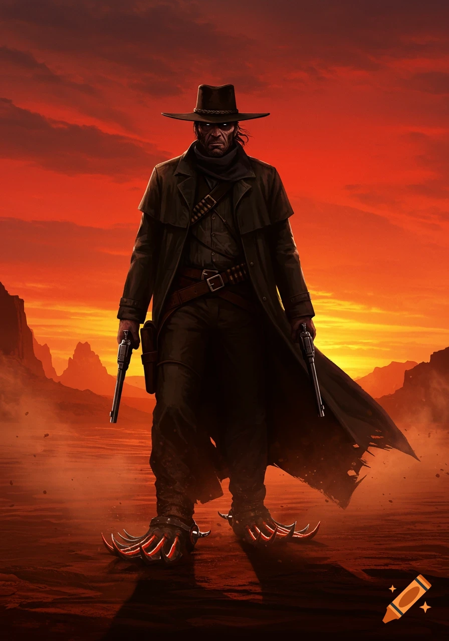 A mysterious gunslinger with glowing spurs stands in a red-sky desert, holding two revolvers.