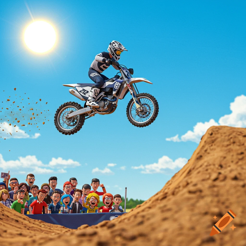A 3D cartoon of a motocross rider on a Husqvarna dirt bike mid-air over a dirt jump, with a crowd of spectators below under a bright sun.