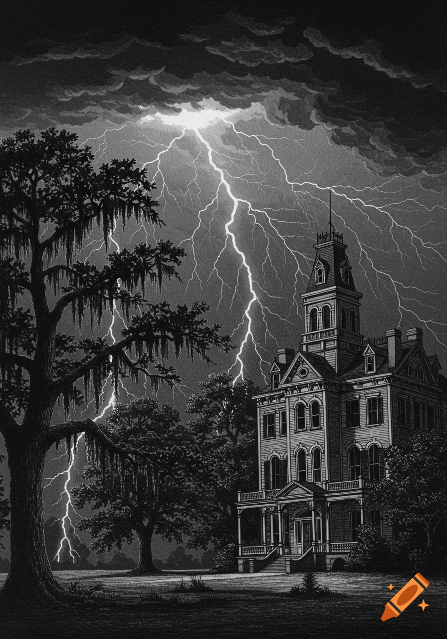 Black and white illustration of a Victorian mansion under a stormy sky with lightning and oak trees.