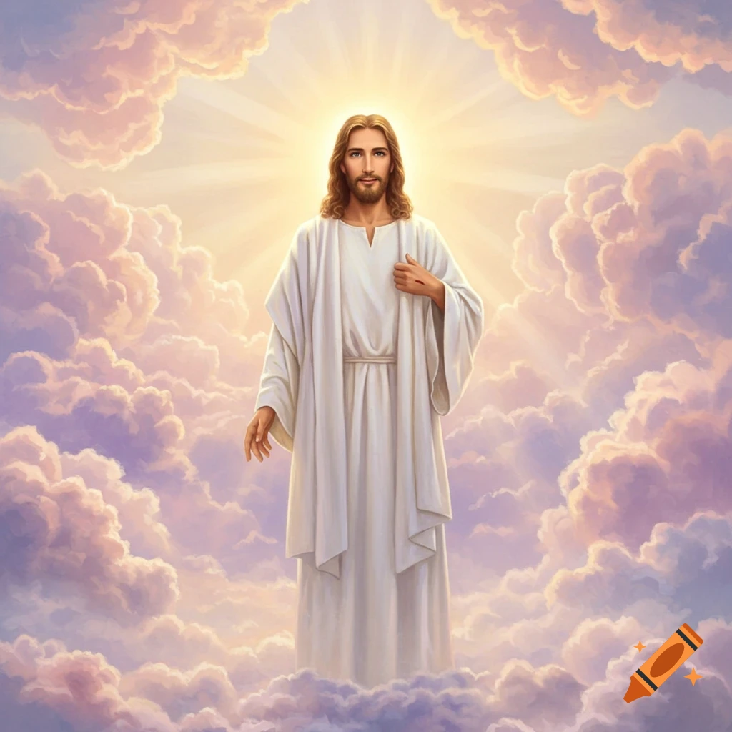 Digital painting of Jesus Christ standing amidst pink and purple clouds with a radiant halo of light.