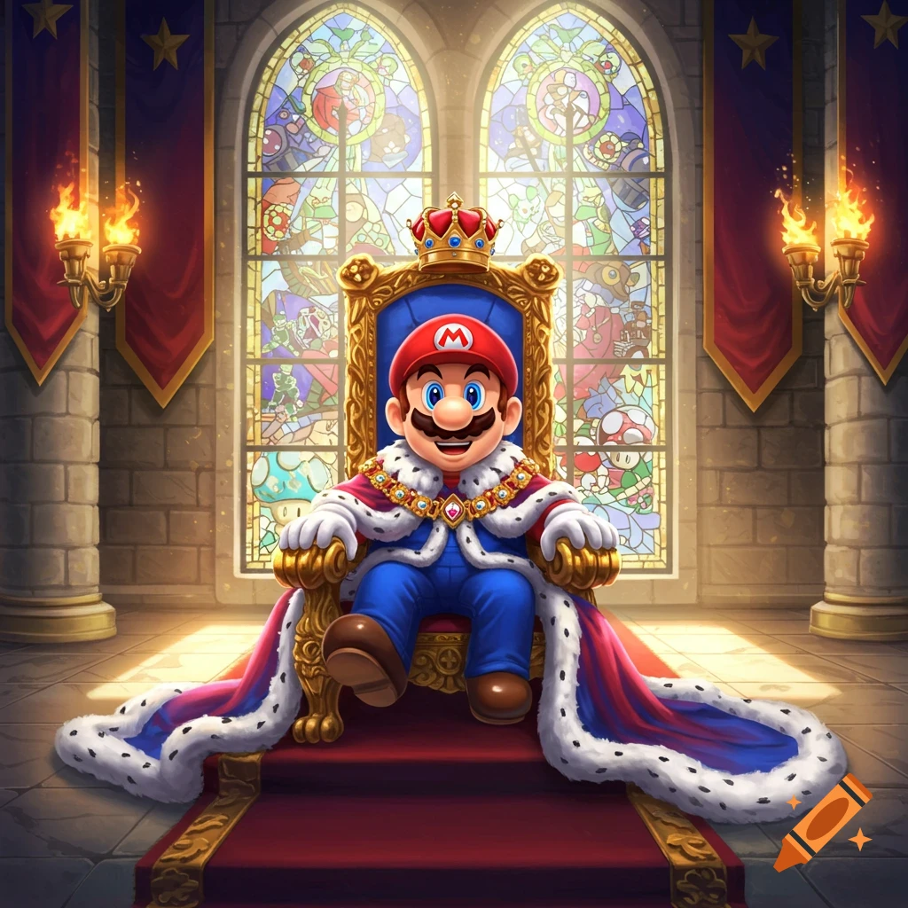 Mario, dressed in a royal blue and red king's robe and crown, sits on a golden throne in a grand castle hall with ornate stained glass windows.