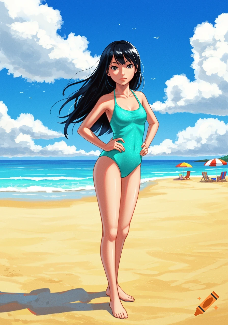 Anime girl with long black hair wearing a turquoise swimsuit, standing on a sunny beach with ocean and sky in the background.