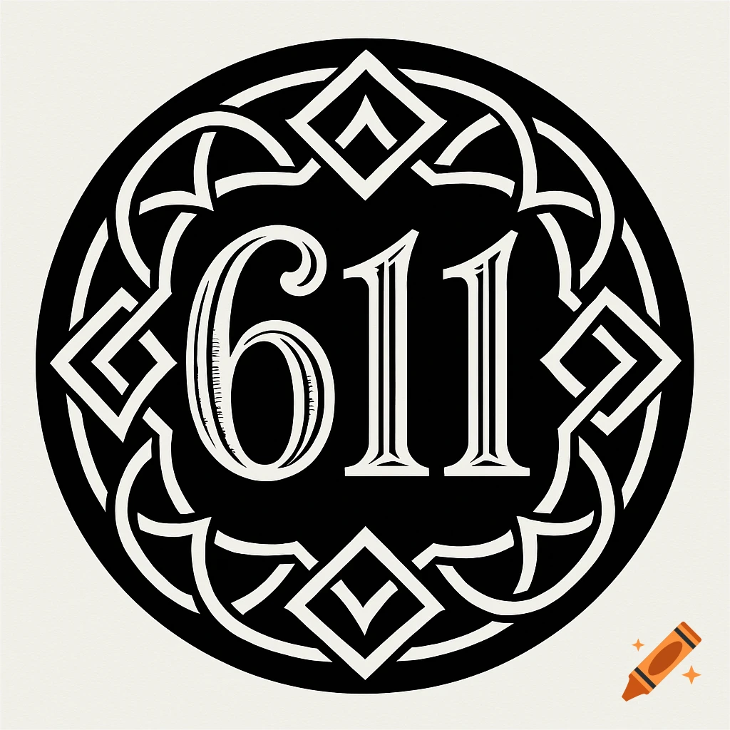 Black and white circular graphic with elegant '611' numbers surrounded by a symmetrical Celtic knot pattern.