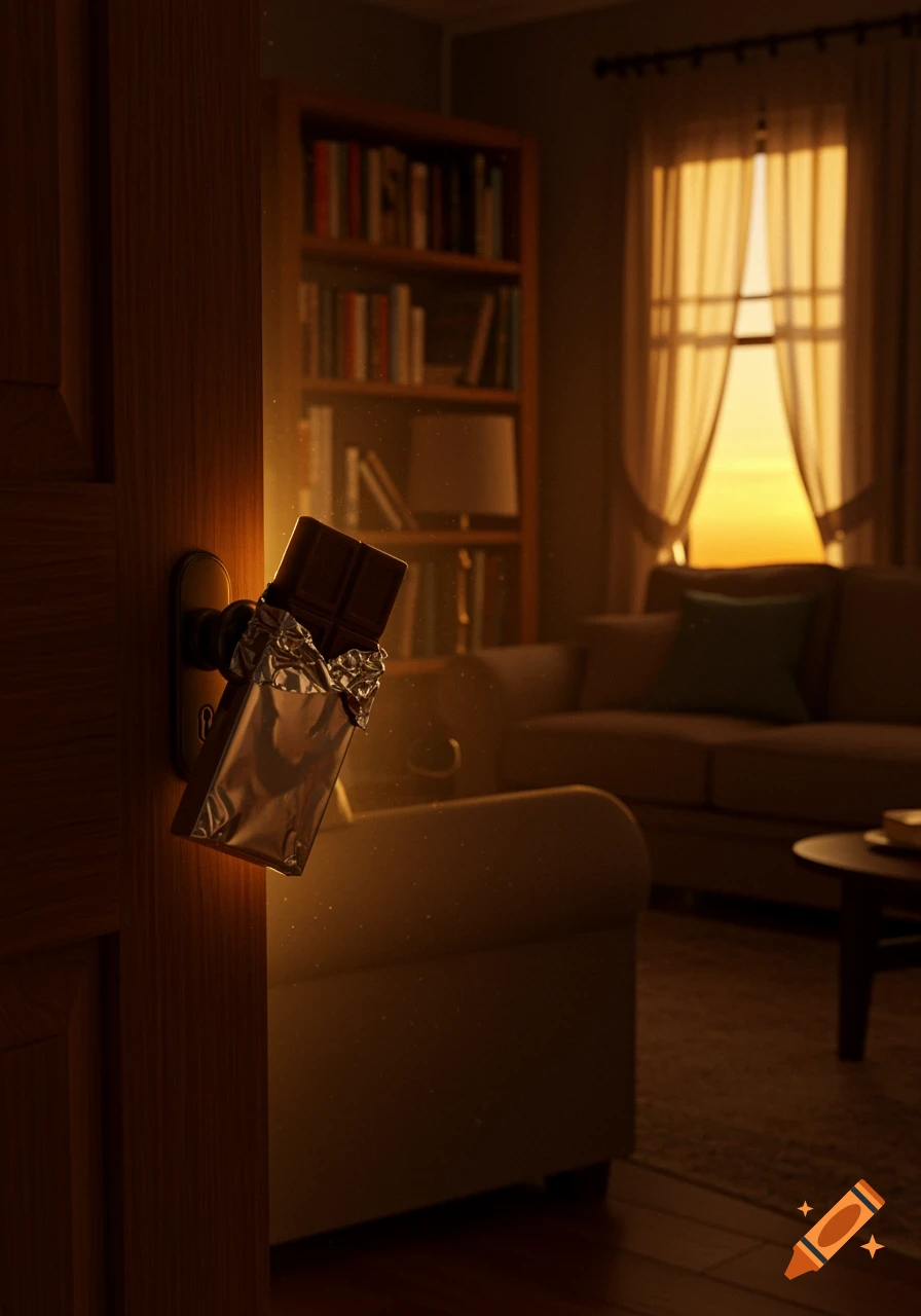 A photorealistic image of a chocolate bar partially unwrapped, wedged in a door handle, with a warm, sunlit room in the background.