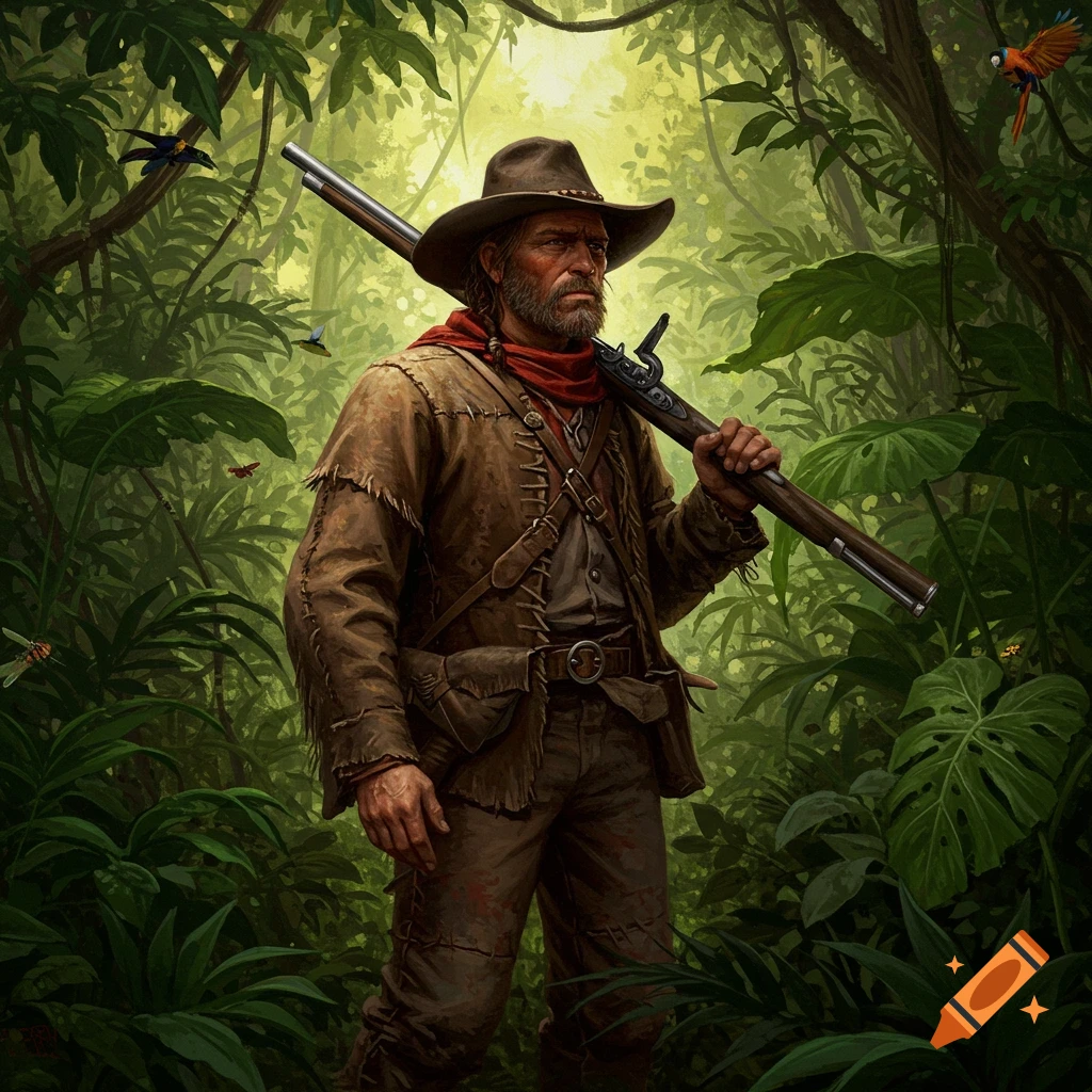 An oil painting of a rugged mountain man with a rifle in a lush, sunlit jungle.