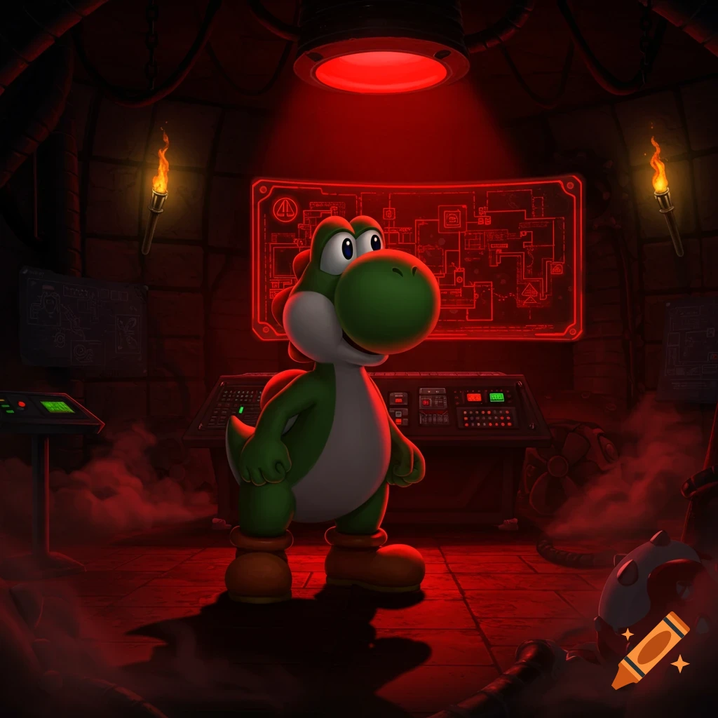 Yoshi stands in a red-lit, high-tech villain's lair with screens displaying schematics and glowing consoles.