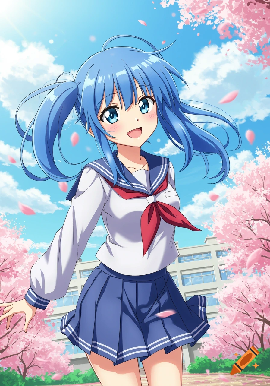 An anime girl with blue hair and a school uniform smiles under a blue sky, surrounded by pink cherry blossom trees, with a school building in the background.