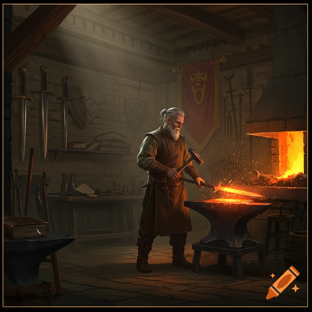 An old blacksmith forging a glowing sword on an anvil with a hammer in a dim, detailed workshop, illuminated by the forge's fire.