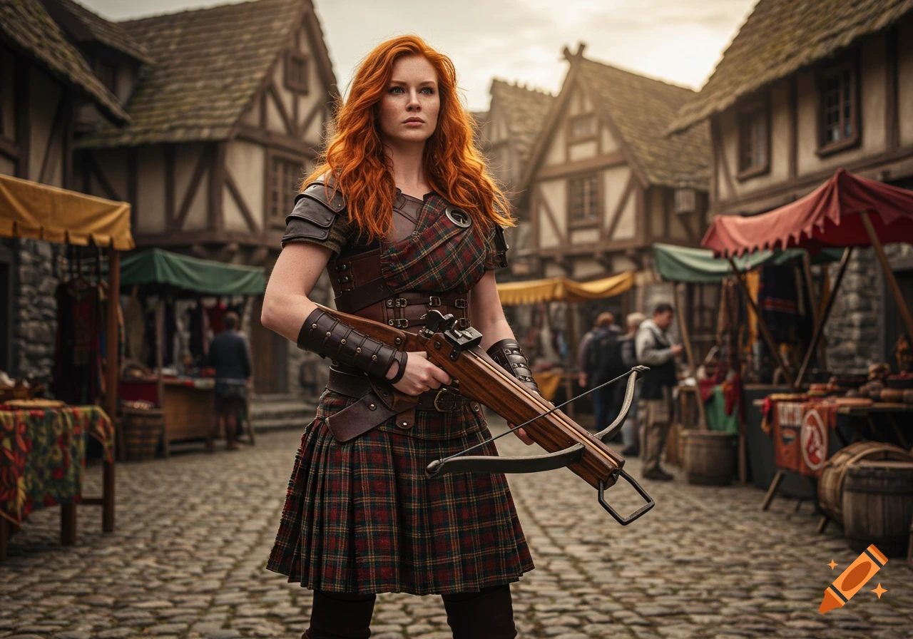 A red-haired woman in a plaid kilt and leather armor holds a crossbow in a cobblestone medieval village.
