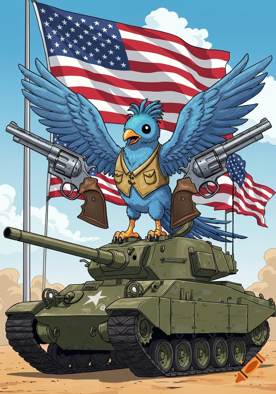 A cartoon blue quetzal bird standing on a green military tank, holding two revolvers, with American flags in the background.