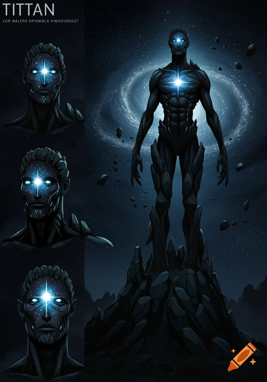 Illustration of a dark cosmic humanoid figure with a star on its face and chest, standing on rocks under a galaxy, with head busts.