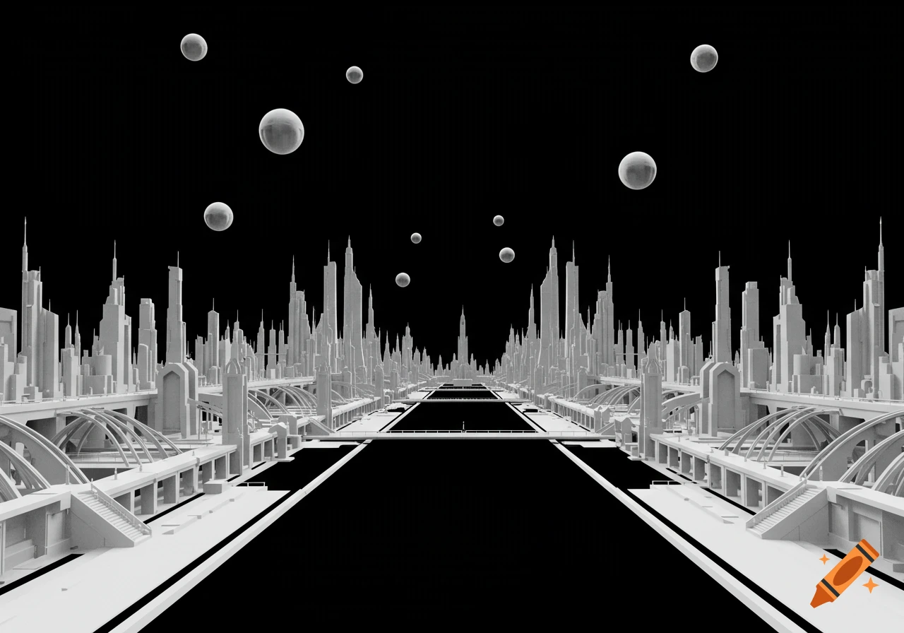 White futuristic cityscape with towering buildings and bridges against a black background, with floating spheres.