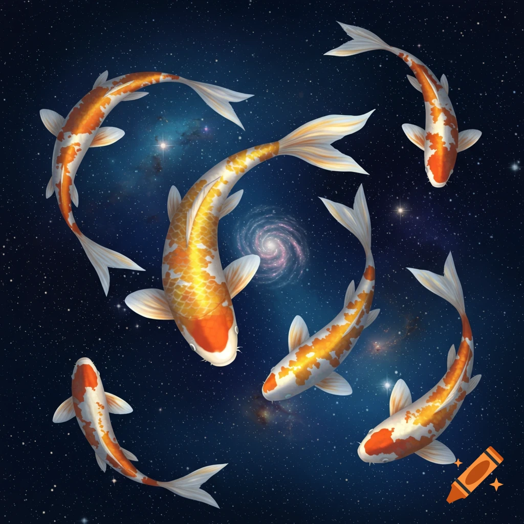 Several orange and white koi fish swim gracefully through a starry deep blue galaxy with a swirling nebula.