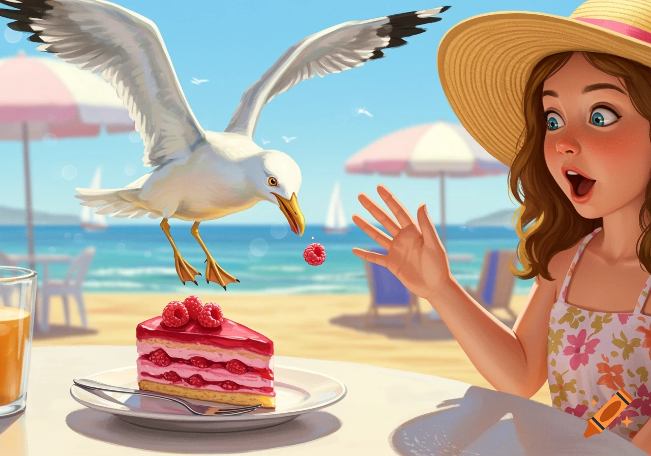 An illustration of a surprised girl at the beach, reaching out as a seagull swoops to steal a raspberry from her cake.