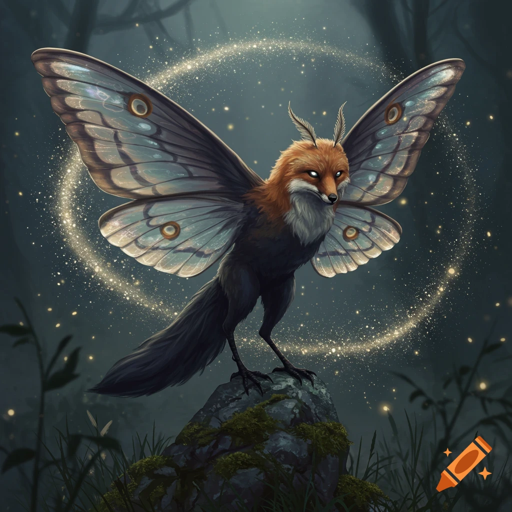 A majestic fox-moth hybrid with large, intricate wings and glowing eyes stands on a mossy rock, surrounded by sparkling golden light in a dark, enchanted forest.