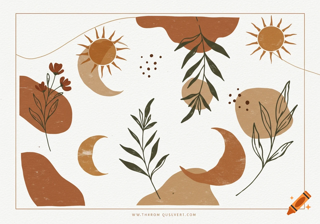 Boho style minimalist illustration featuring abstract earthy shapes, suns, moons, and stylized floral elements on a white background.