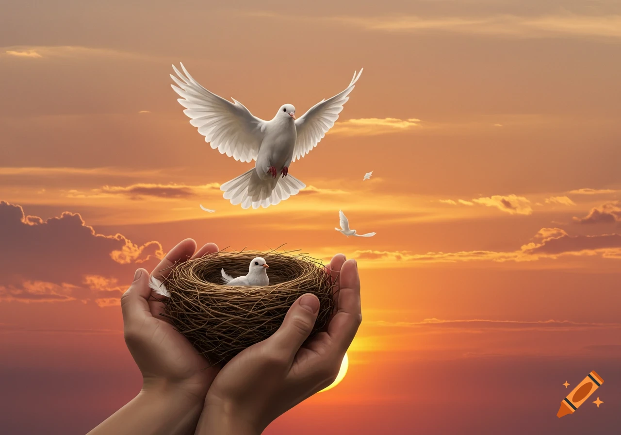 Hands cup a bird's nest with a dove inside, as another dove flies away against a vibrant sunset sky.