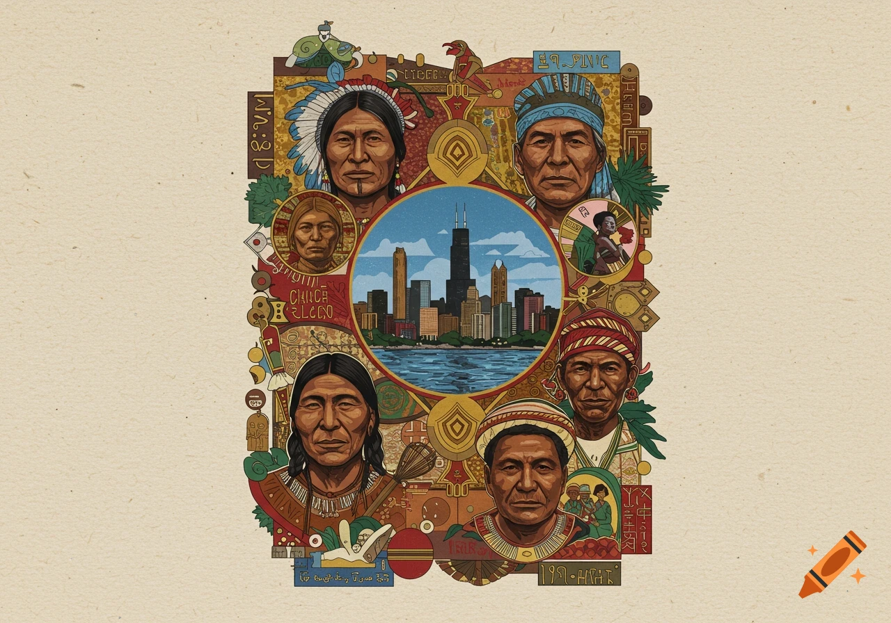 An intricate illustration with four portraits of Indigenous people surrounding a Chicago skyline, against an ornate cultural border.