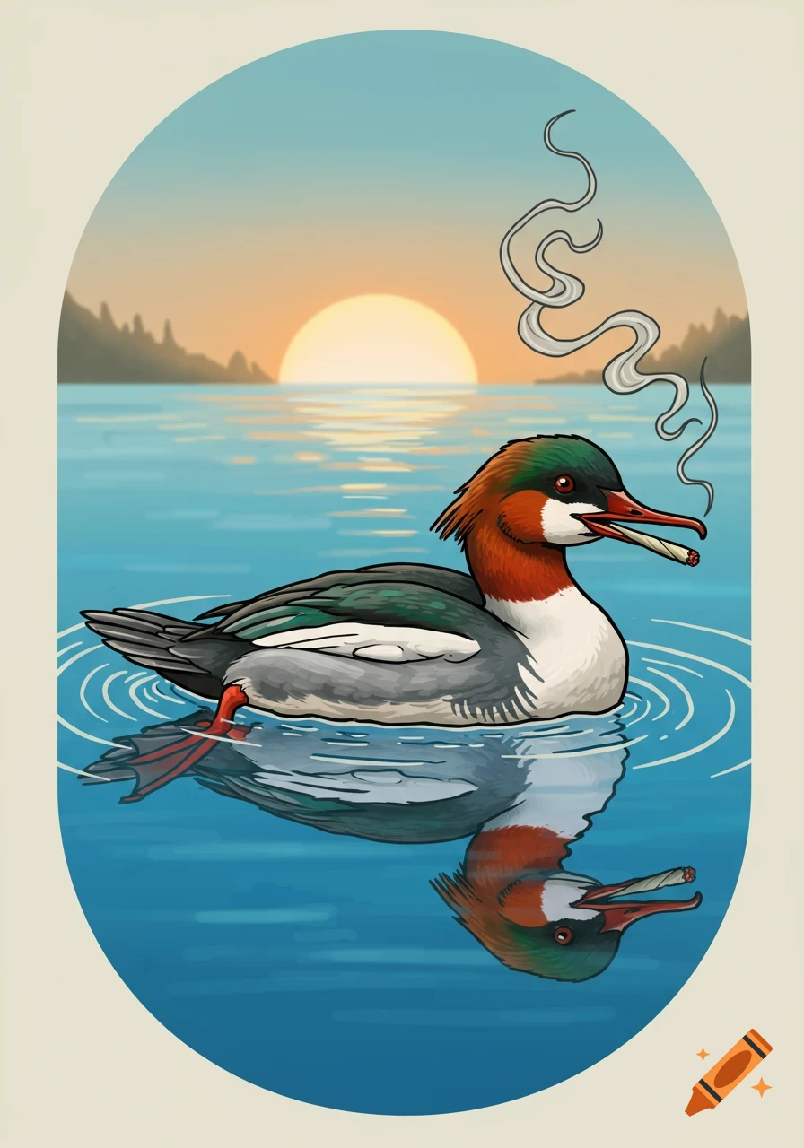 A neo-traditional tattoo illustration of a merganser duck smoking a joint while swimming on water with a sunset background.