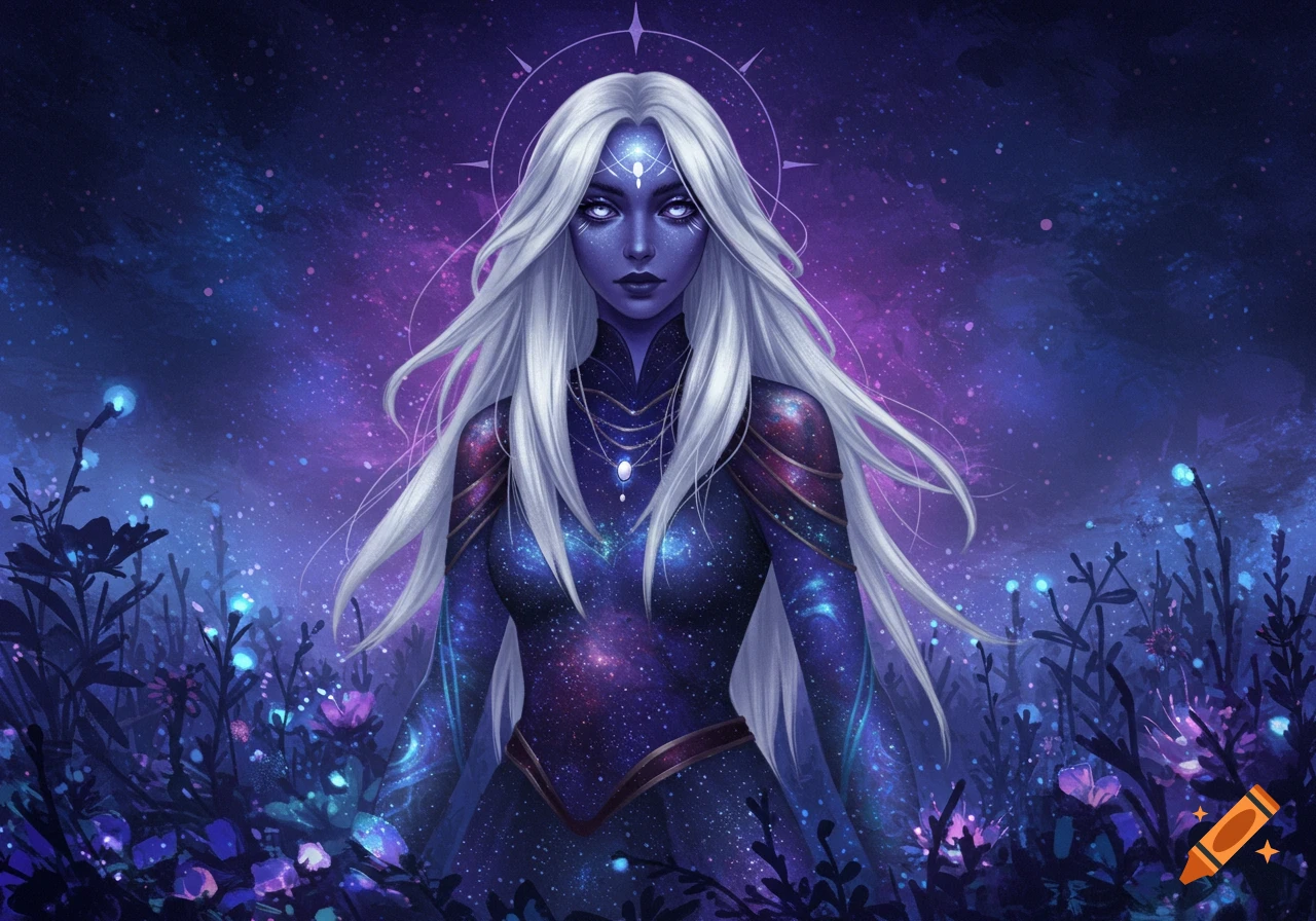 A fantasy character with purple skin, white hair, and starry dress stands in a glowing field under a cosmic sky. Digital art.