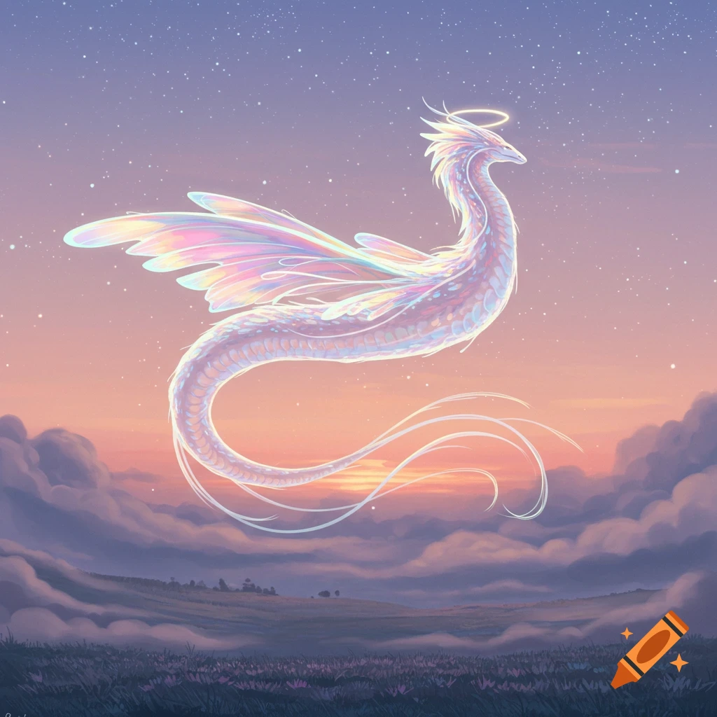 An iridescent, winged dragon-like creature with a halo floats above a dreamy landscape at sunset, with stars in the sky.