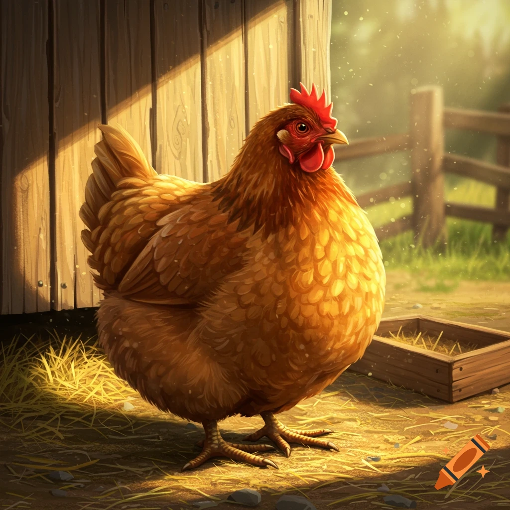 A brown chicken stands in golden sunlight by a wooden wall with a fence in the background, photorealistic style.