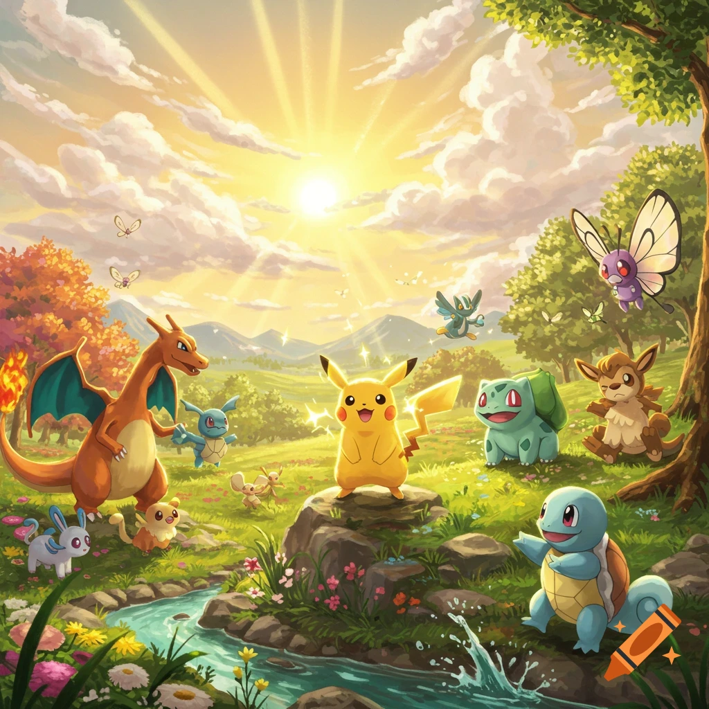 A vibrant illustration of various Pokémon characters including Pikachu, Charizard, and Squirtle in a sunny, grassy landscape with a stream.