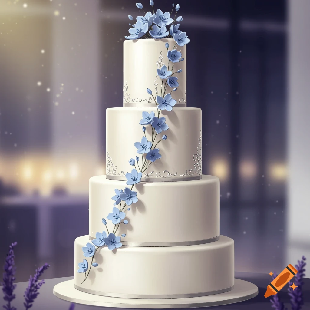 A four-tiered white wedding cake decorated with cascading blue flowers and silver accents, against a blurred background.