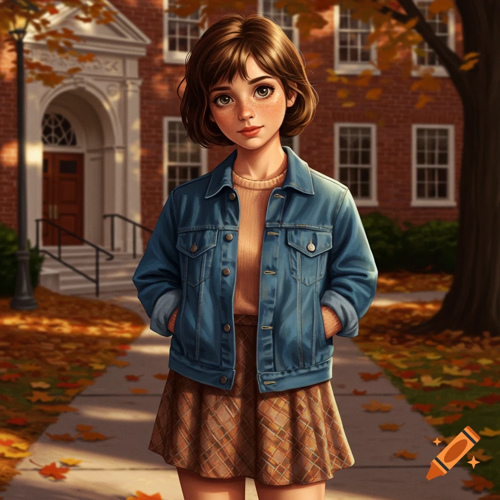 A stylized young woman with short brown hair and freckles in a denim jacket and plaid skirt stands on an autumn path by a brick building.