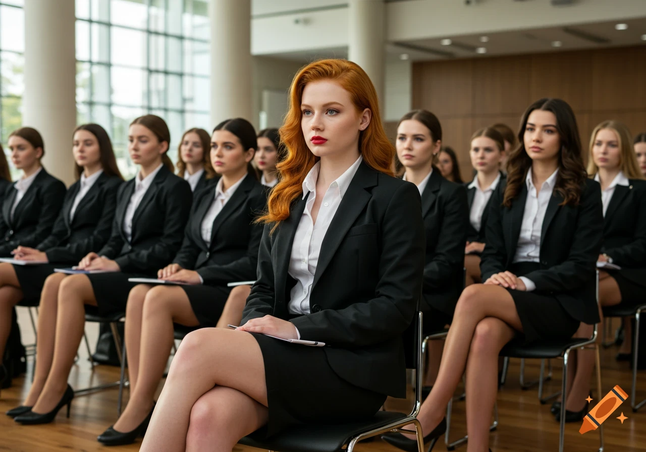 A redhead woman in a black suit and skirt sits in an auditorium with other women in similar attire.