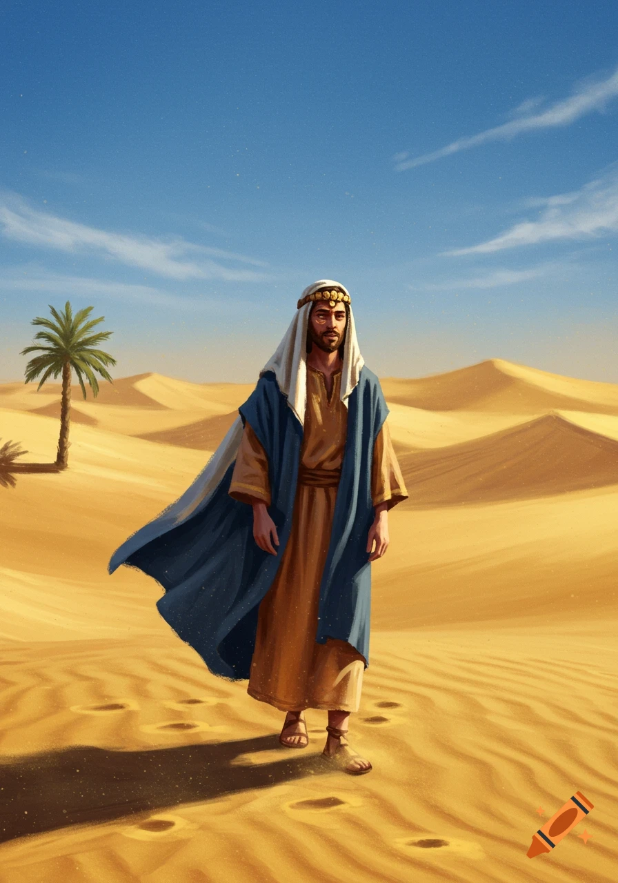 A man in ancient desert attire stands in a vast sandy desert with dunes and a palm tree under a clear blue sky, illustrated.