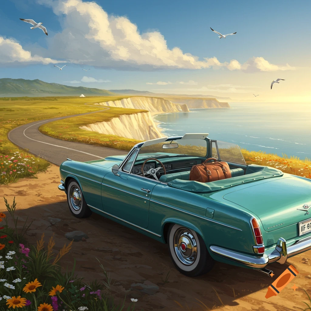 A vintage teal convertible car parked on a winding coastal road overlooking cliffs and the ocean at sunset, with seagulls flying.