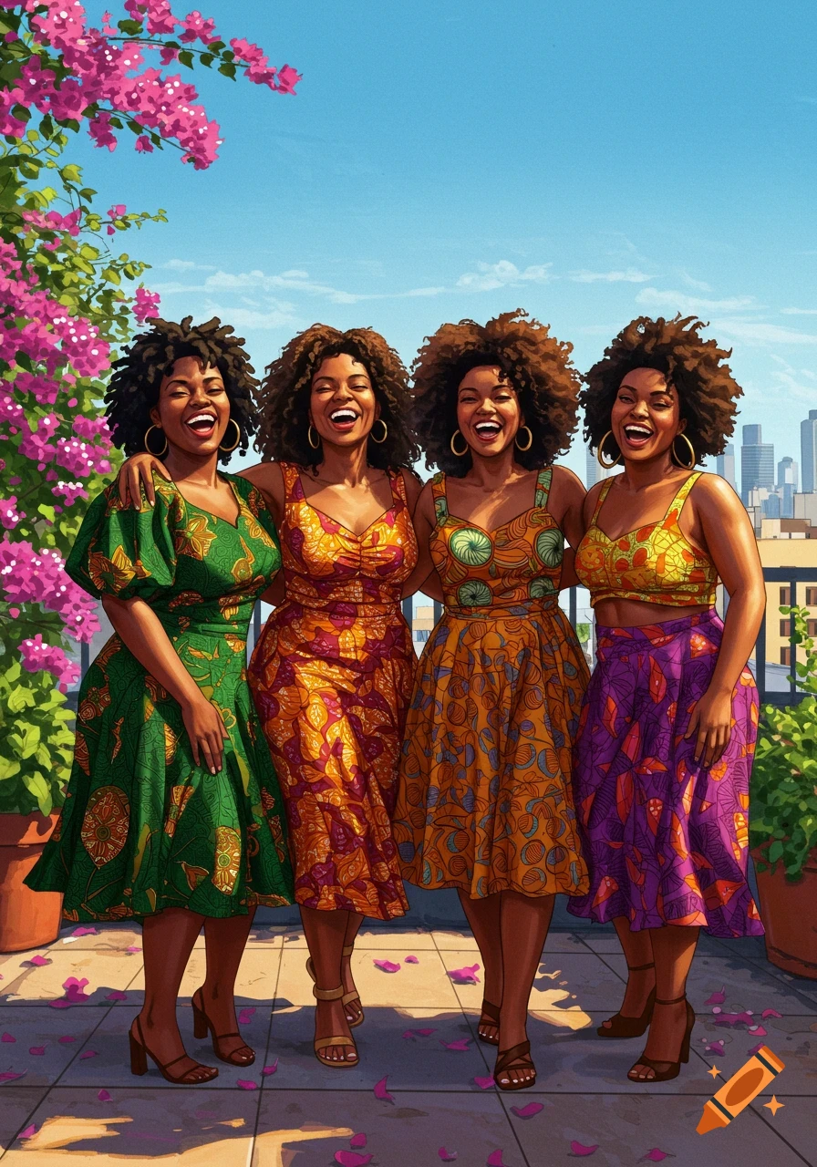 Four smiling Black women with curly hair wear vibrant patterned dresses while posing together on a sunny outdoor patio.
