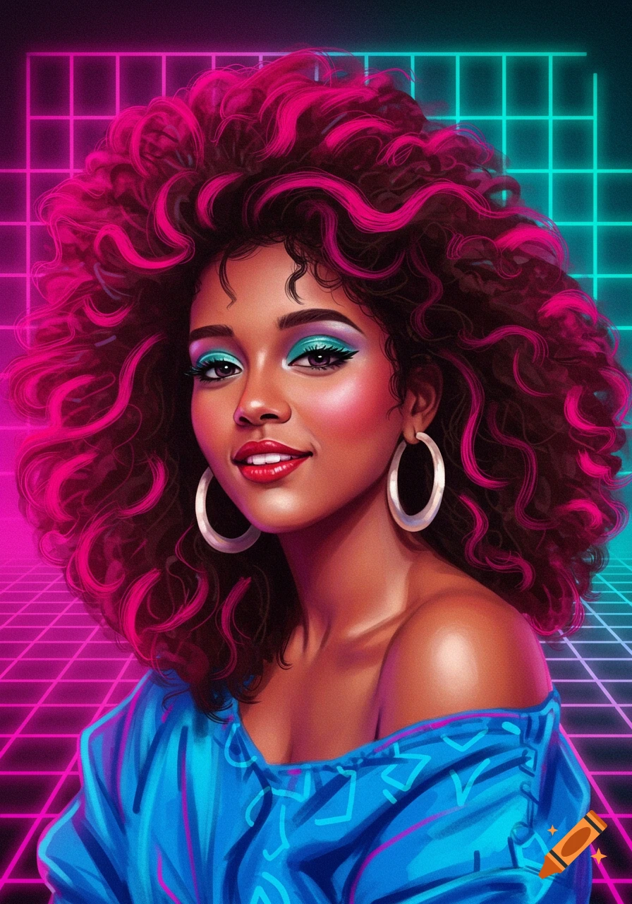 Vibrant 80s-style portrait of a woman with large pink curly hair, colorful makeup, and an off-shoulder blue top against a neon grid background.