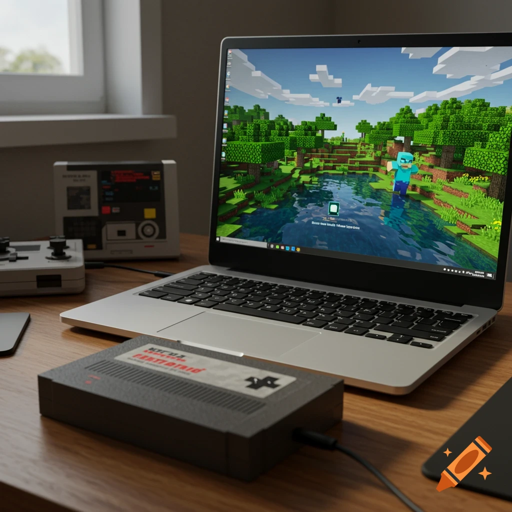 Laptop displaying a Minecraft game with ray tracing on, next to an NES cartridge and retro gaming console on a wooden desk.