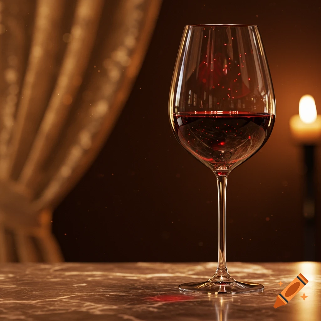 A close-up shot of a glass of red wine on a marble table, with a golden curtain and a blurry candle in the background. Photorealistic style.