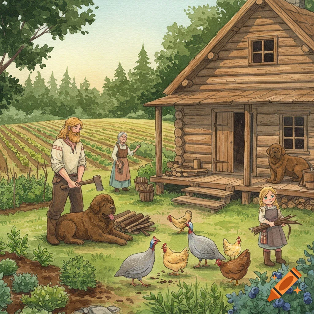 A watercolor illustration of a family on a rural homestead. A man chops wood, a girl gathers kindling, and a woman feeds fowl by a log cabin.