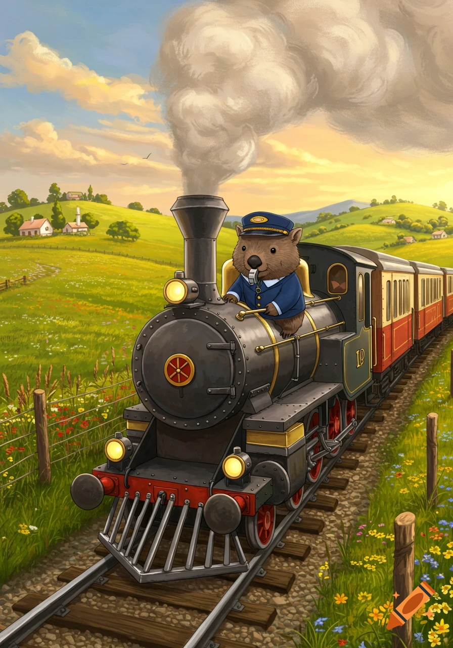 A cartoon wombat in a conductor's hat and uniform drives a black steam train through a vibrant green, hilly countryside at sunset.