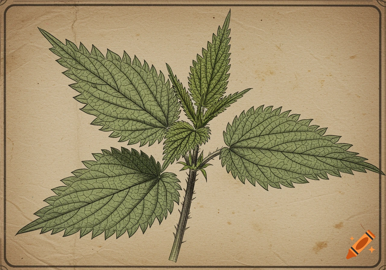Botanical illustration of a stinging nettle plant, featuring green leaves and a stem on a textured, vintage paper background.